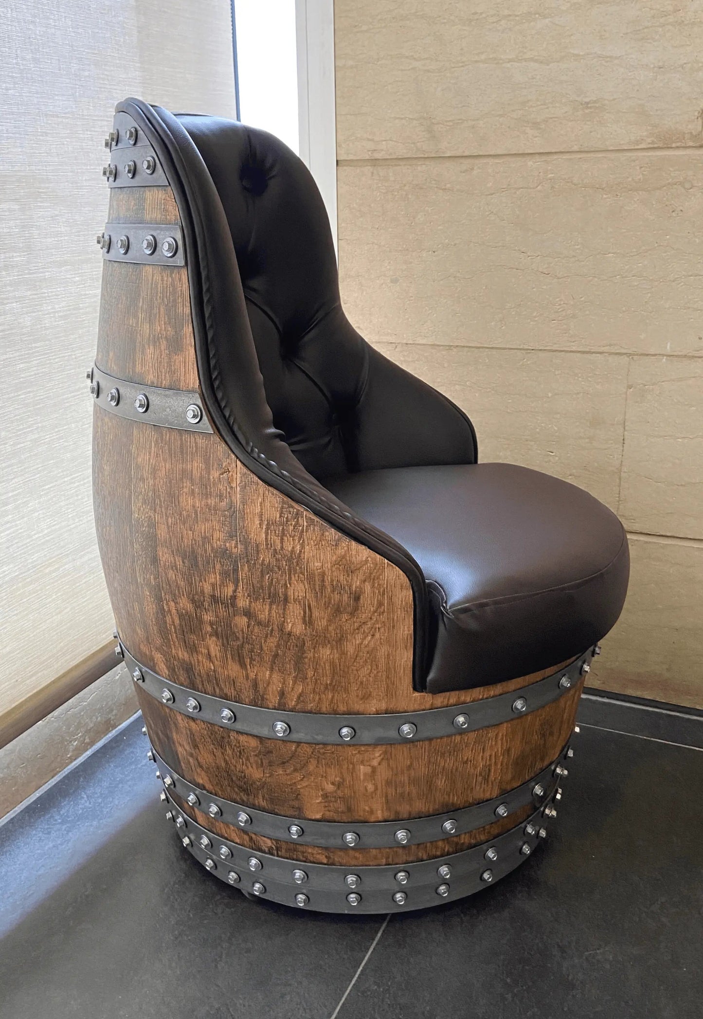 Luxury Whiskey & Wine Barrel Captain Chair Corner Set — Two Chairs & Corner Table (October Pre-Order)