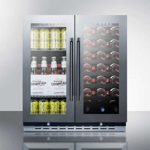 Summit Appliance 30 inch Wide Built-In Undercounter Dual Zone Wine And Craft Beer Cooler With Locks, Digital Thermostats, And Glass Doors In A French Door Swing