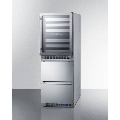 Summit Appliance 24 inch Wide Combination Built-In/Freestanding Upright Dual Zone Glass Door Wine Cellar And 2-Drawer Freezer In Stainless Steel