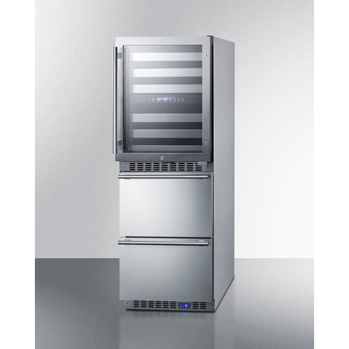 Summit Appliance 24 inch Wide Combination Built-In/Freestanding Upright Dual Zone Glass Door Wine Cellar And 2-Drawer Freezer In Stainless Steel