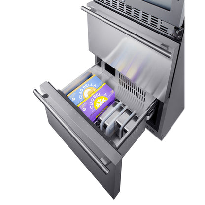 Summit Appliance 24 inch Wide Combination Built-In/Freestanding Upright Dual Zone Glass Door Wine Cellar And 2-Drawer Freezer In Stainless Steel