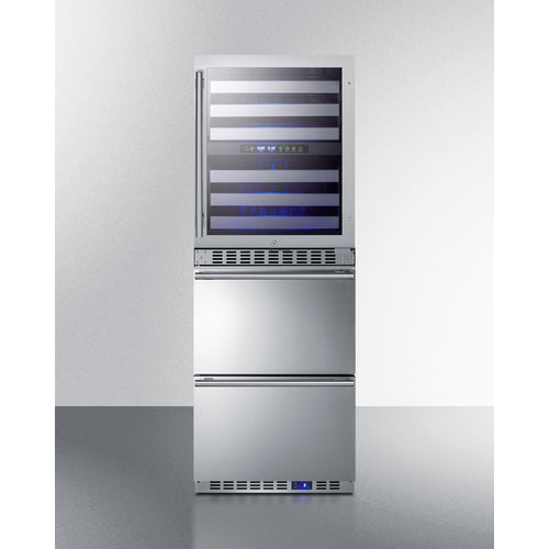 Summit Appliance 24 inch Wide Combination Built-In/Freestanding Upright Dual Zone Glass Door Wine Cellar And 2-Drawer Freezer In Stainless Steel