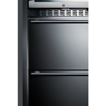 Summit Appliance 24 inch Wide Combination Built-In/Freestanding Upright Dual Zone Glass Door Wine Cellar And 2-Drawer Freezer In Stainless Steel