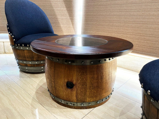 Whiskey & Wine Barrel Coffee Table — Mid-Barrel Glass Top, Hidden Storage