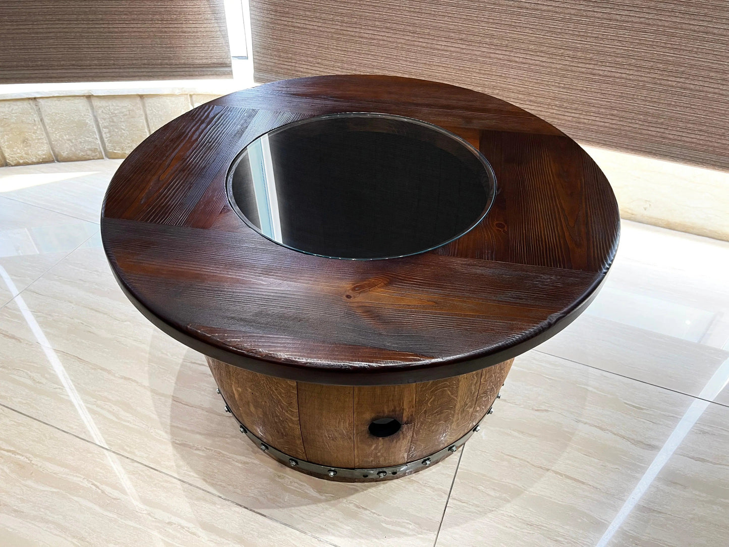 Whiskey & Wine Barrel Coffee Table — Mid-Barrel Glass Top, Hidden Storage