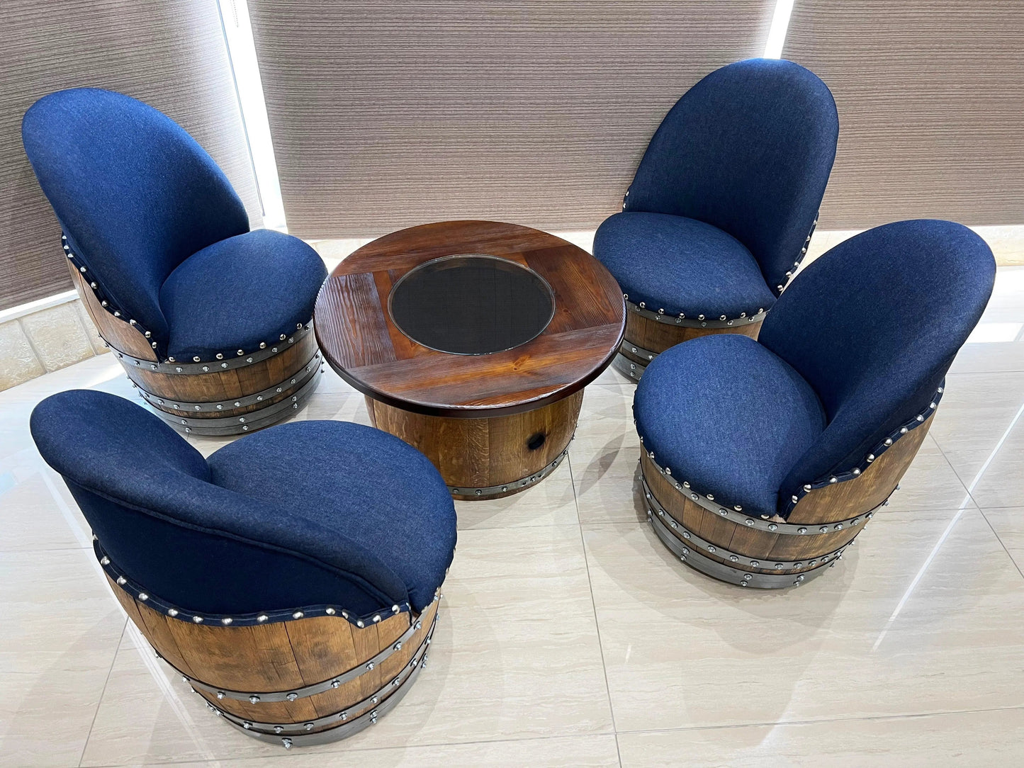 Whiskey & Wine Barrel Coffee Table — Mid-Barrel Glass Top, Hidden Storage
