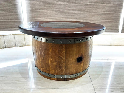 Whiskey & Wine Barrel Coffee Table — Mid-Barrel Glass Top, Hidden Storage