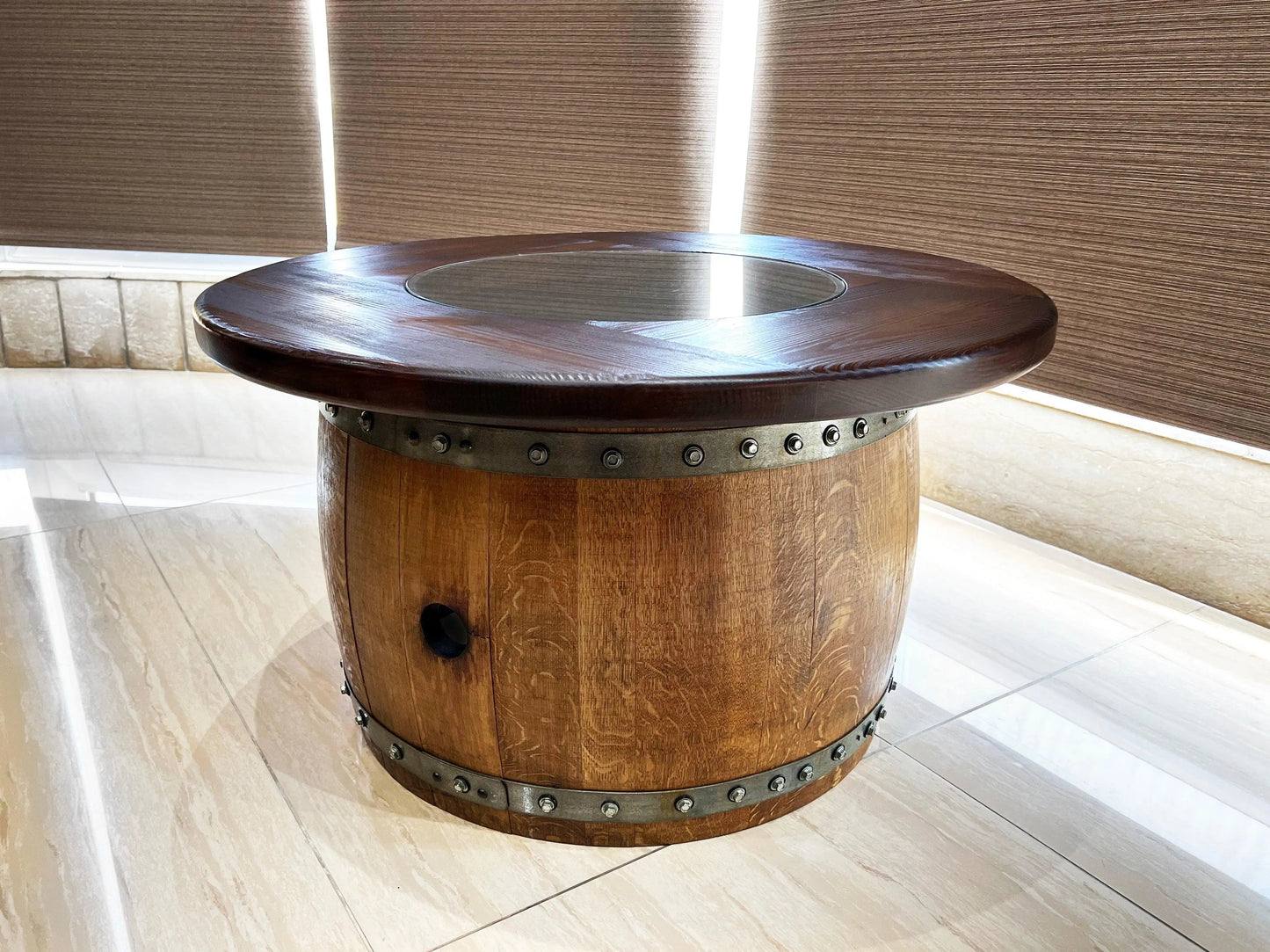 Whiskey & Wine Barrel Coffee Table — Mid-Barrel Glass Top, Hidden Storage