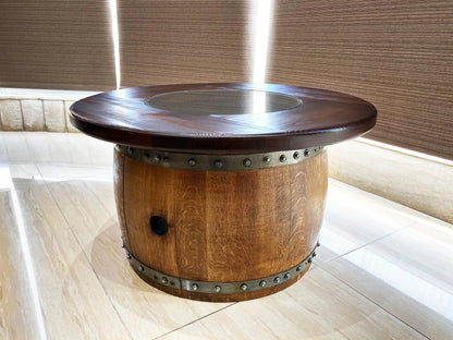 Whiskey & Wine Barrel Coffee Table — Mid-Barrel Glass Top, Hidden Storage