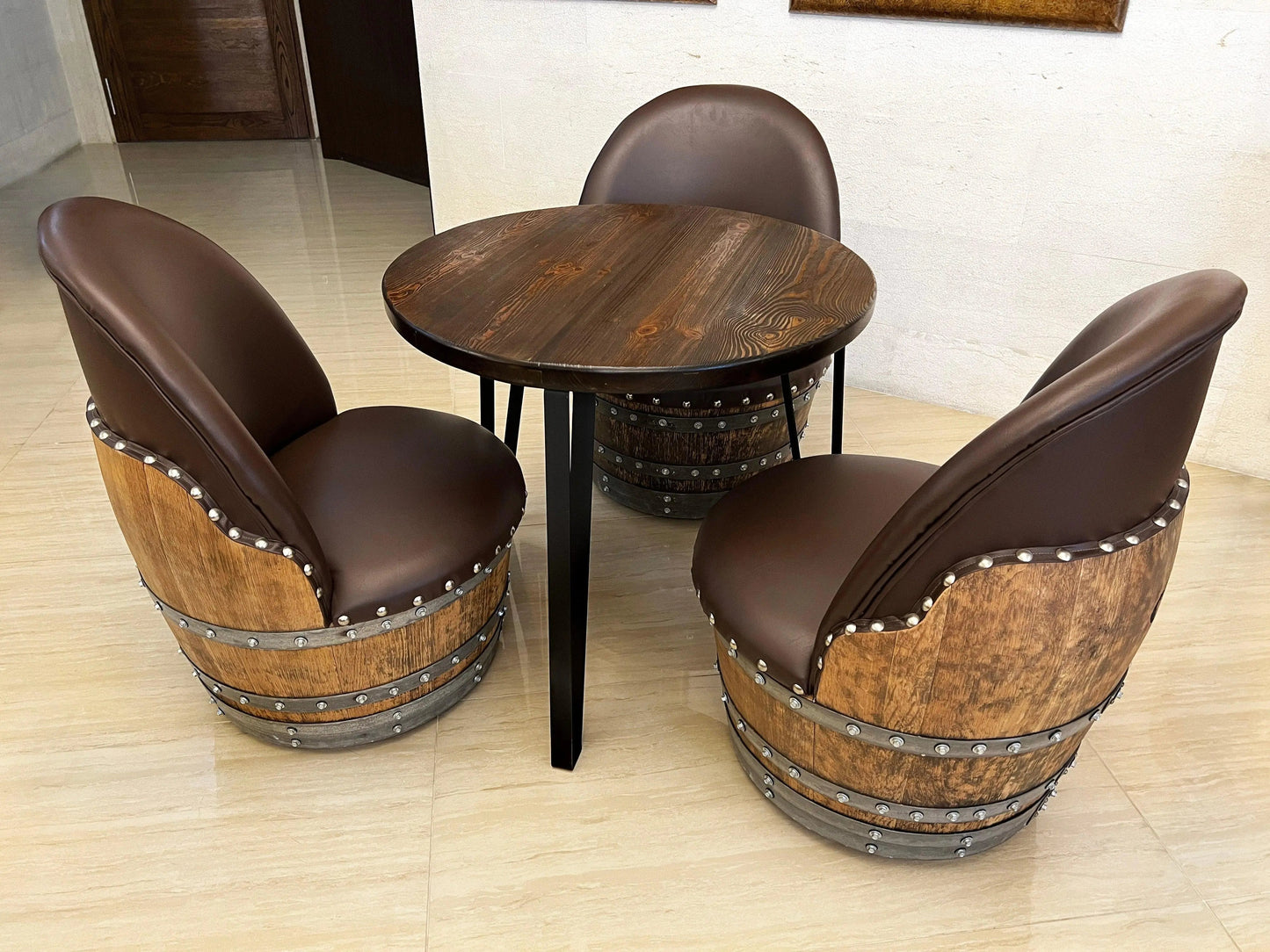 Whiskey & Wine Barrel Steel-Leg Side Table — Glass-Free Oak Top