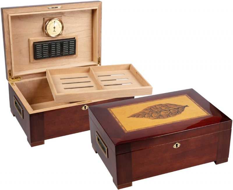 Prestige Import Group 150 Ct. High Gloss Humidor w/ Tray & Tobacco Leaf Inlay