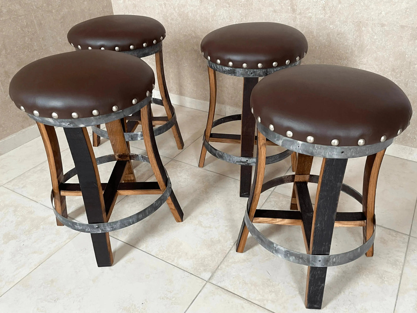 Whiskey & Wine Barrel Bistro Pub Set — 2 Stools, Glass Top, Foot Rail