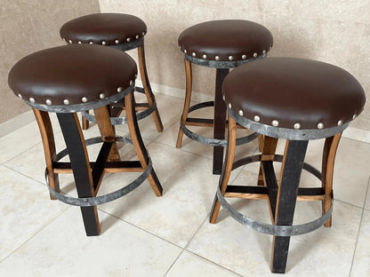 Whiskey & Wine Barrel Bistro Pub Set — 2 Stools, Glass Top, Foot Rail