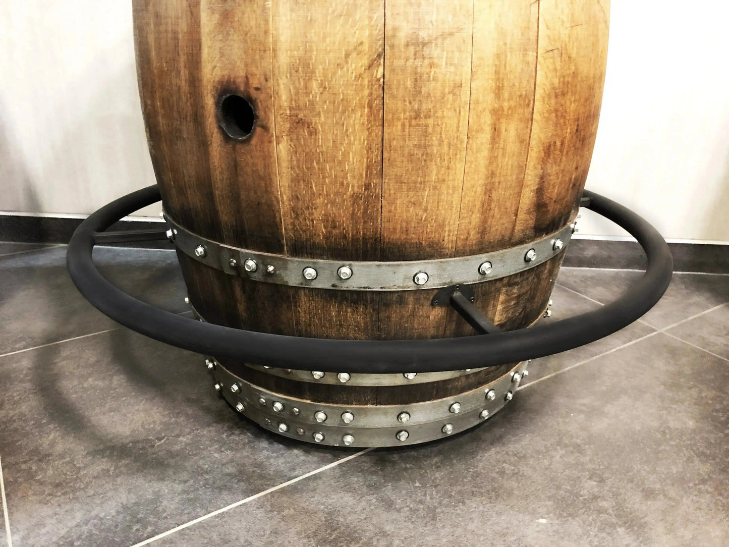 Whiskey & Wine Barrel Bistro Pub Set — 4 Stools, Glass Top, Foot Rail