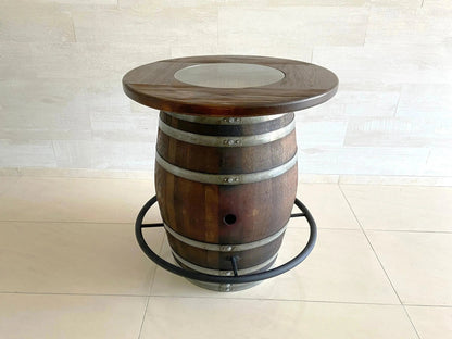 Whiskey & Wine Barrel Bistro Pub Set — 2 Stools, Glass Top, Foot Rail