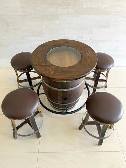 Whiskey & Wine Barrel Bistro Pub Set — 2 Stools, Glass Top, Foot Rail