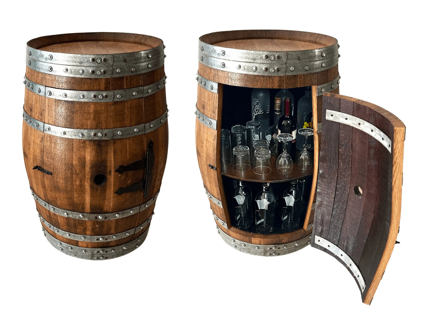 Whiskey & Wine Barrel Bar Cabinet — Door Shelf, Reclaimed Oak