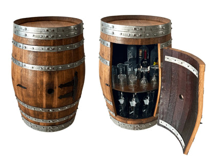 Whiskey & Wine Barrel Bar Cabinet — Door Shelf, Reclaimed Oak