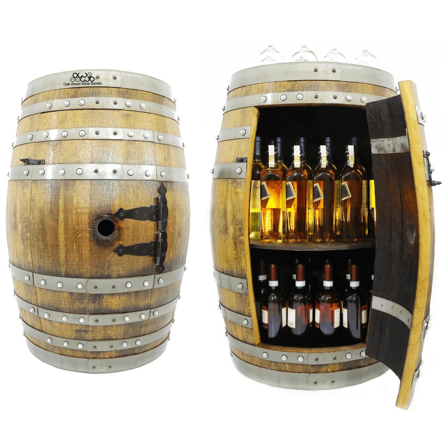 Whiskey & Wine Barrel Bar Cabinet — Door Shelf, Reclaimed Oak