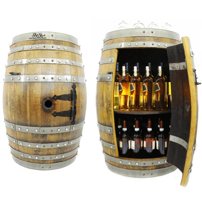 Whiskey & Wine Barrel Bar Cabinet — Door Shelf, Reclaimed Oak