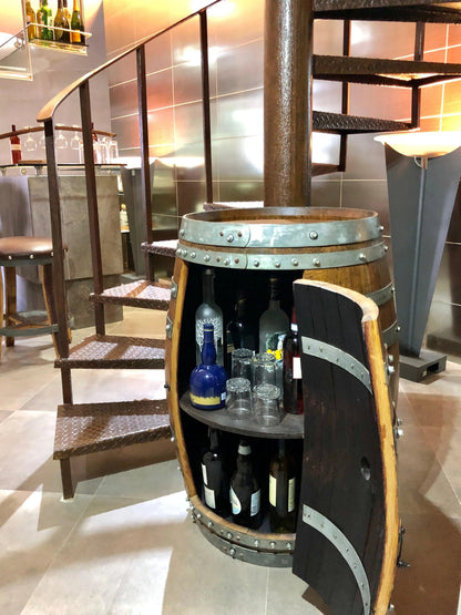 Whiskey & Wine Barrel Bar Cabinet — Door Shelf, Reclaimed Oak