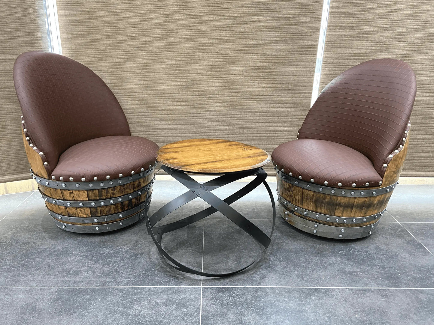 Whiskey & Wine Barrel Lounge Chair — Hidden Storage, Memory Foam, Checkered Brown Upholstery (Limited)