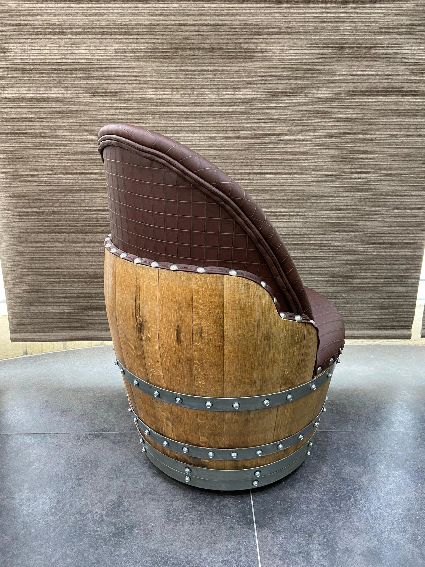 Whiskey & Wine Barrel Lounge Chair — Hidden Storage, Memory Foam, Checkered Brown Upholstery (Limited)