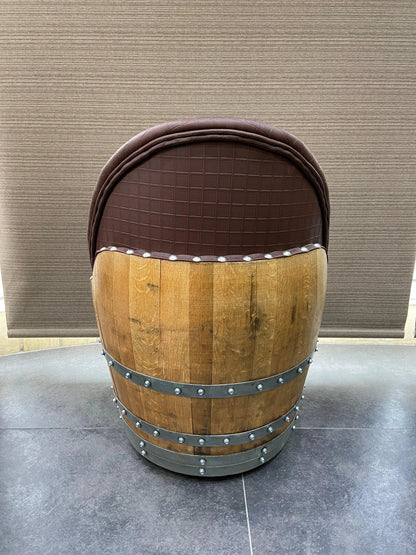 Whiskey & Wine Barrel Lounge Chair — Hidden Storage, Memory Foam, Checkered Brown Upholstery (Limited)