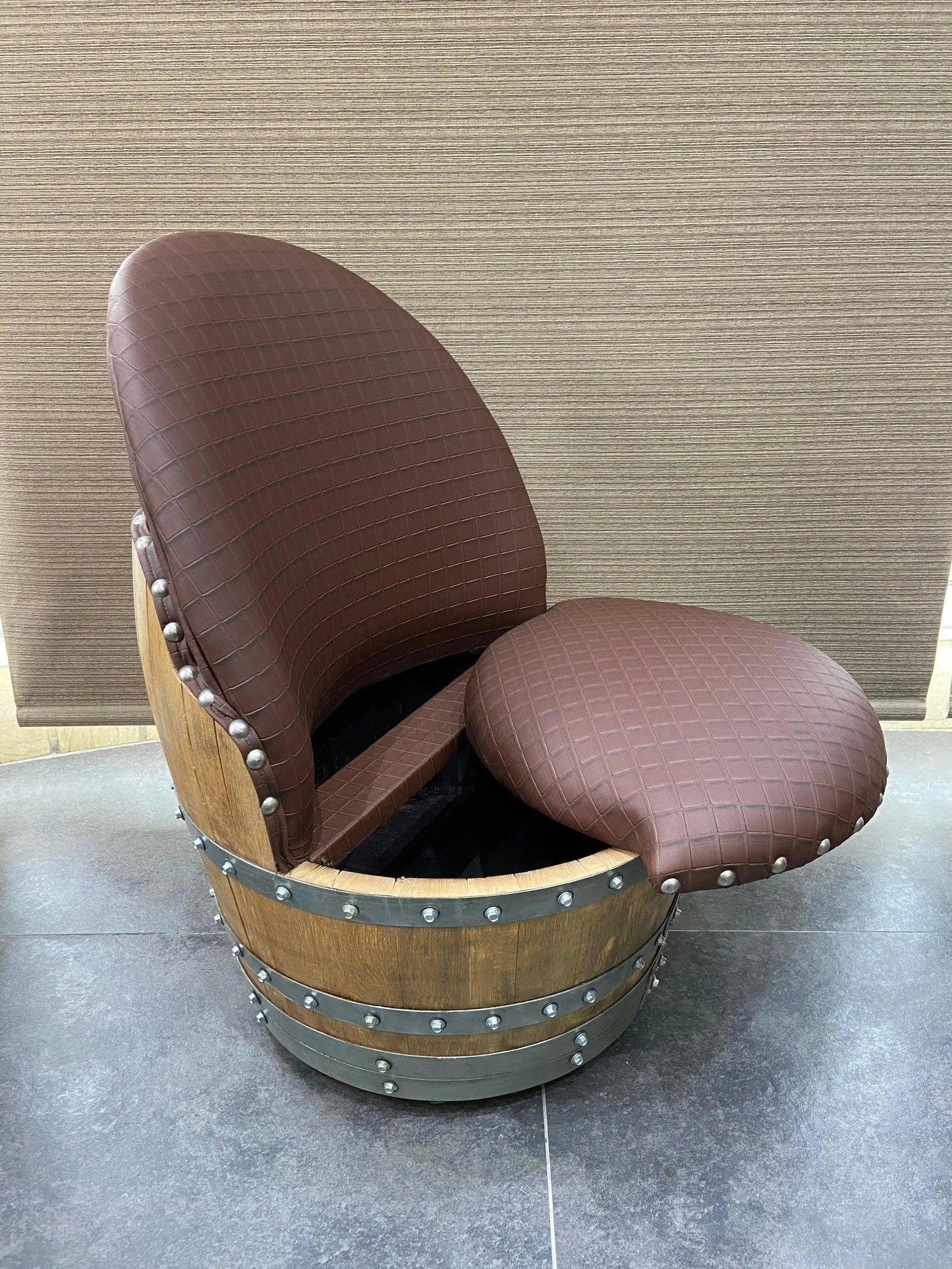 Whiskey & Wine Barrel Lounge Chair — Hidden Storage, Memory Foam, Checkered Brown Upholstery (Limited)