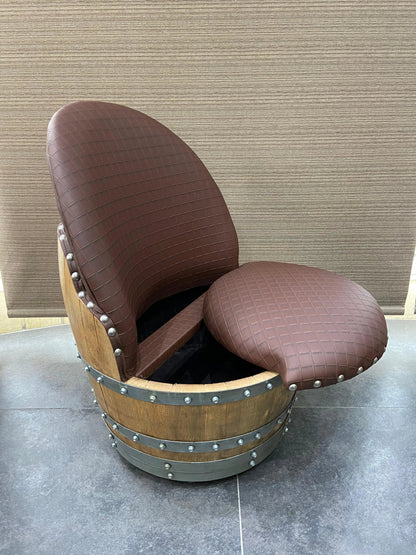 Whiskey & Wine Barrel Lounge Chair — Hidden Storage, Memory Foam, Checkered Brown Upholstery (Limited)