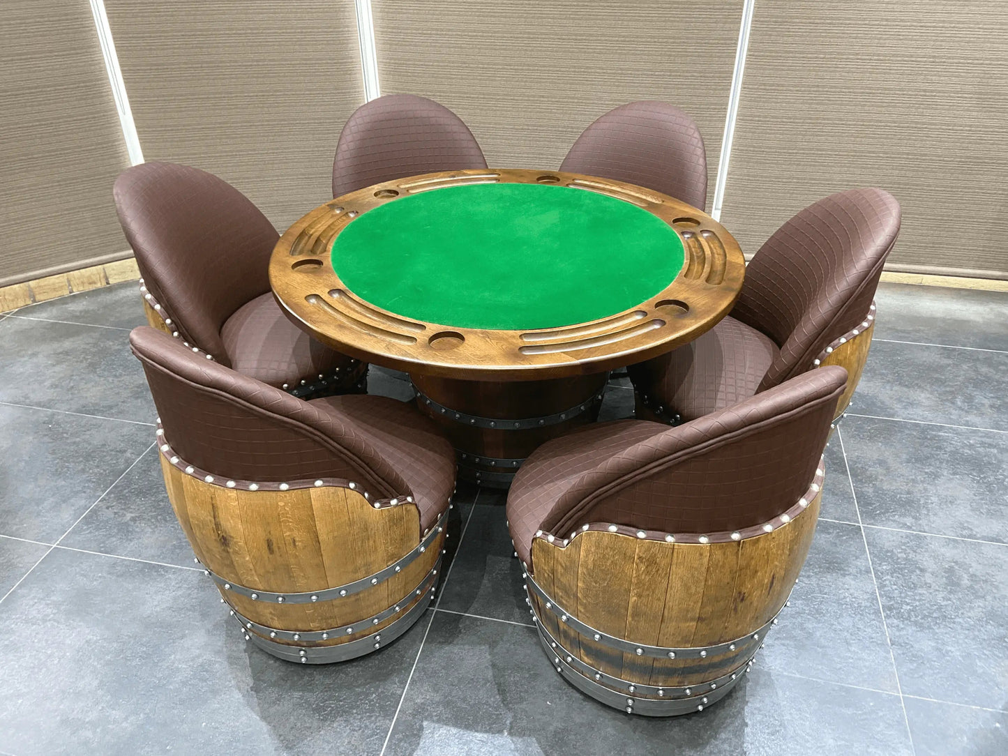 Whiskey & Wine Barrel Lounge Chair — Hidden Storage, Memory Foam, Checkered Brown Upholstery (Limited)
