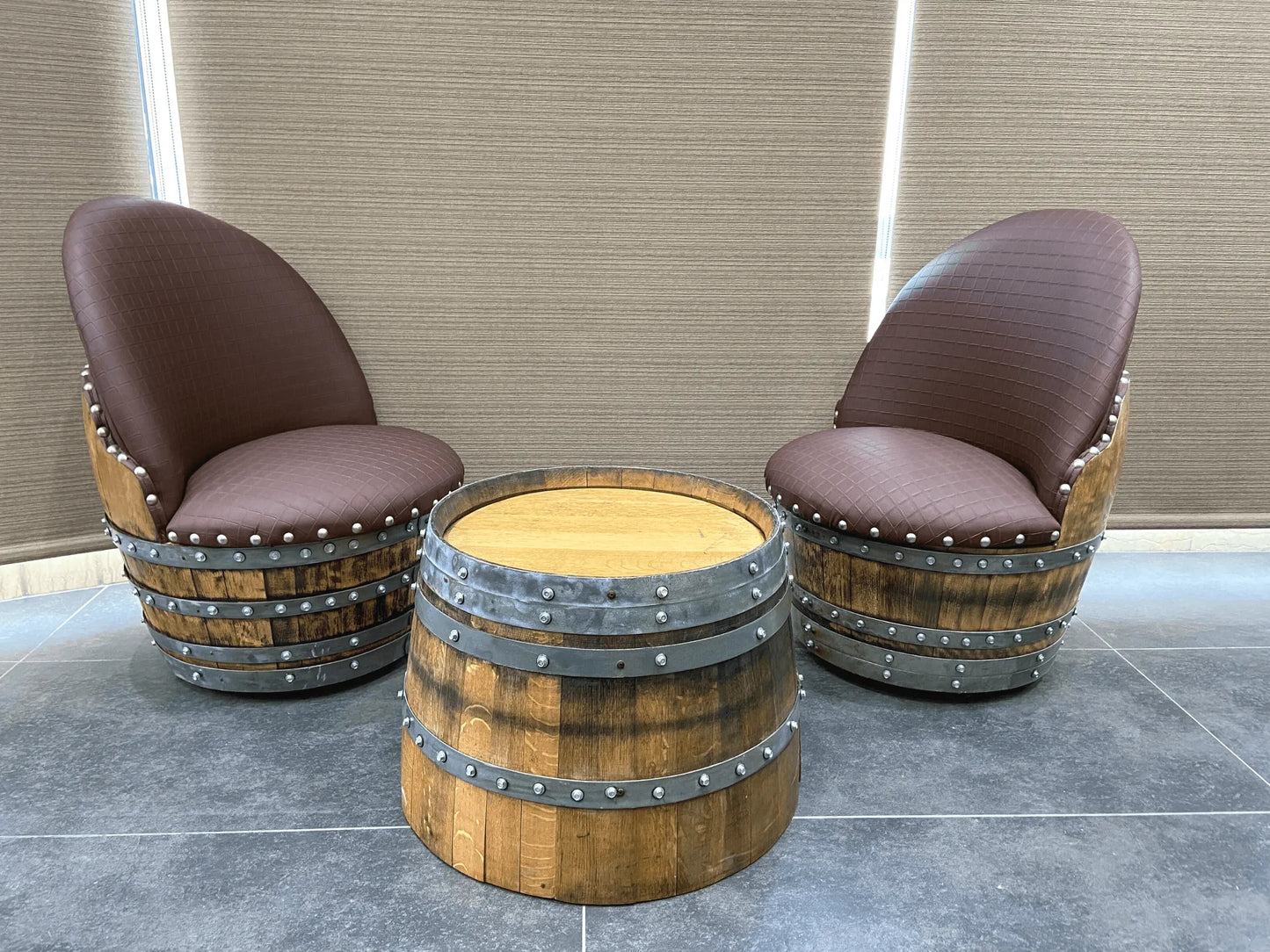 Whiskey & Wine Barrel Lounge Chair — Hidden Storage, Memory Foam, Checkered Brown Upholstery (Limited)
