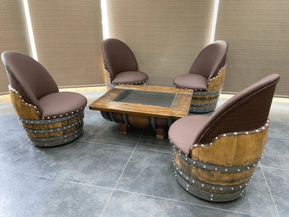 Whiskey & Wine Barrel Lounge Chair — Hidden Storage, Memory Foam, Checkered Brown Upholstery (Limited)