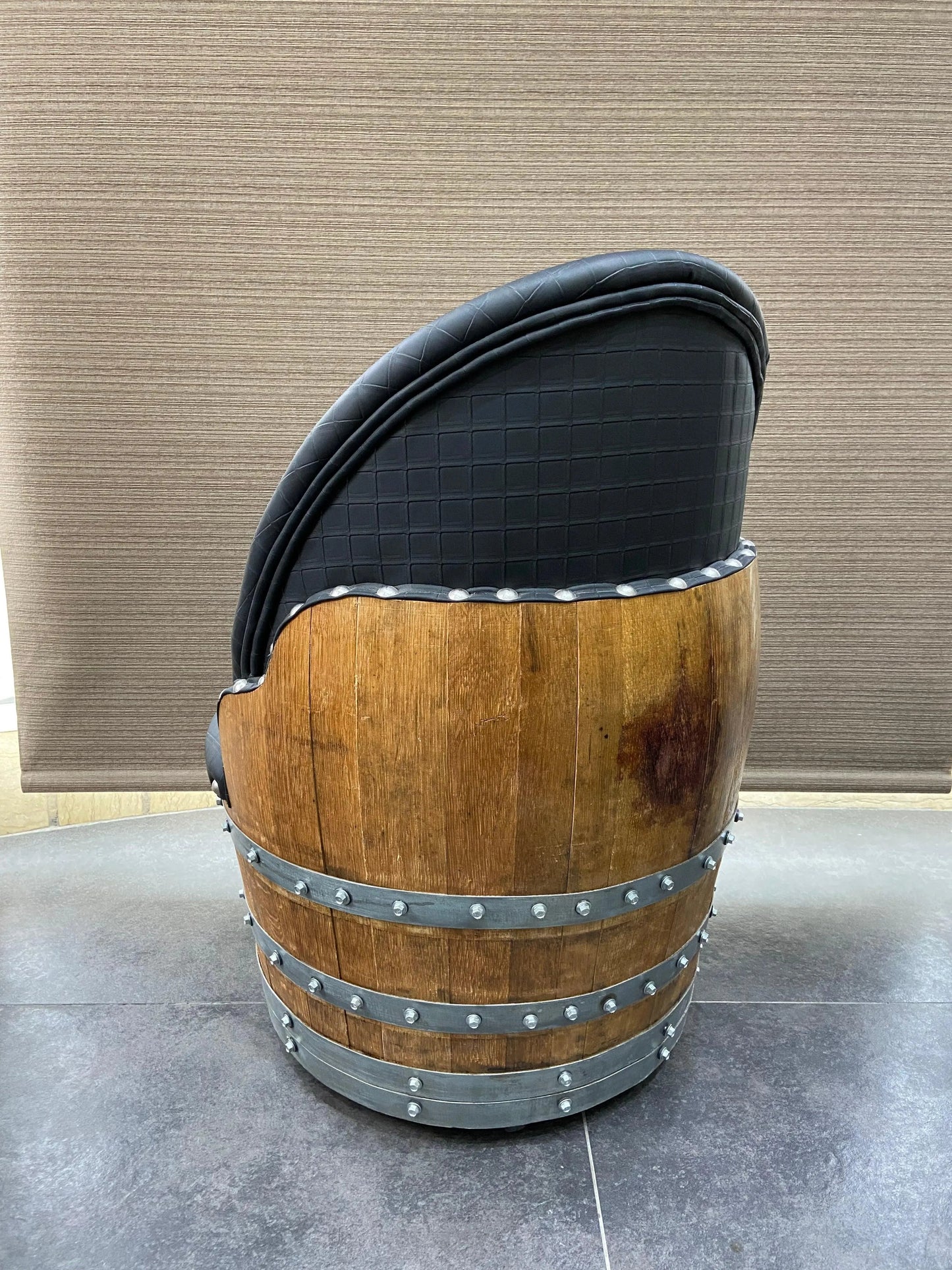 Whiskey & Wine Barrel Lounge Chair — Hidden Storage, Memory Foam, Checkered Gray Upholstery (Limited)