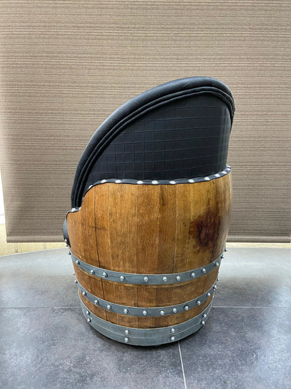 Whiskey & Wine Barrel Lounge Chair — Hidden Storage, Memory Foam, Checkered Gray Upholstery (Limited)