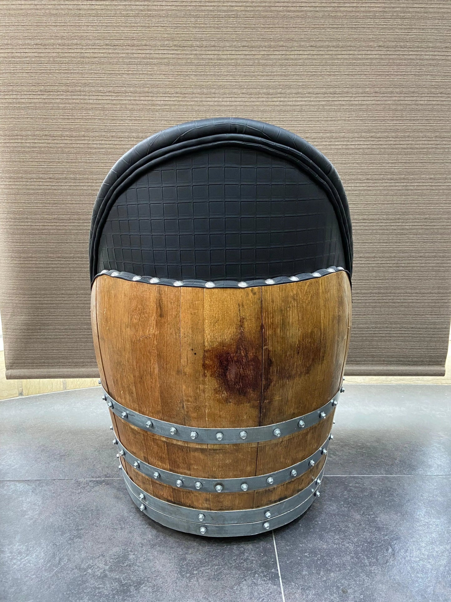 Whiskey & Wine Barrel Lounge Chair — Hidden Storage, Memory Foam, Checkered Gray Upholstery (Limited)