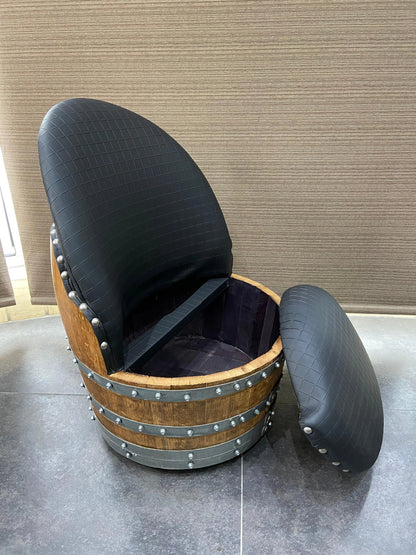 Whiskey & Wine Barrel Lounge Chair — Hidden Storage, Memory Foam, Checkered Gray Upholstery (Limited)