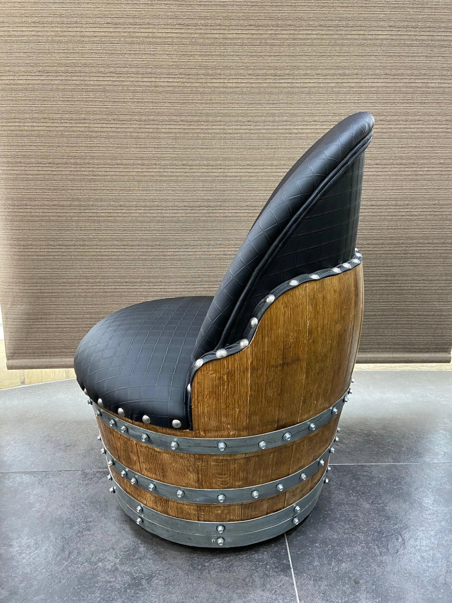 Whiskey & Wine Barrel Lounge Chair — Hidden Storage, Memory Foam, Checkered Gray Upholstery (Limited)