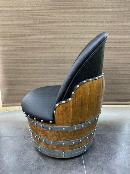 Whiskey & Wine Barrel Lounge Chair — Hidden Storage, Memory Foam, Checkered Gray Upholstery (Limited)