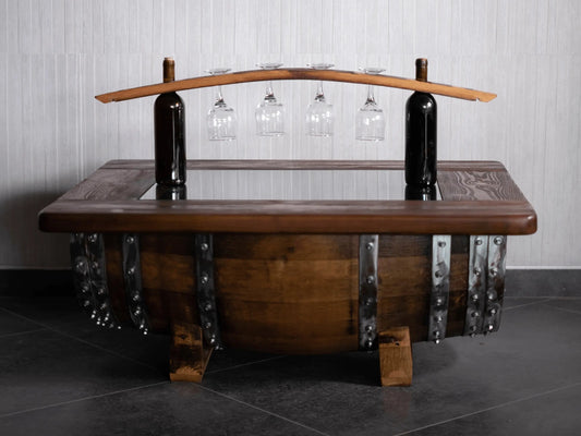 Whiskey & Wine Barrel Coffee Table — Glass Top, Hidden Storage