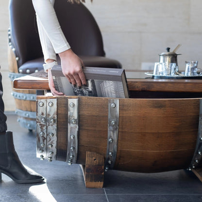 Whiskey & Wine Barrel Coffee Table — Glass Top, Hidden Storage