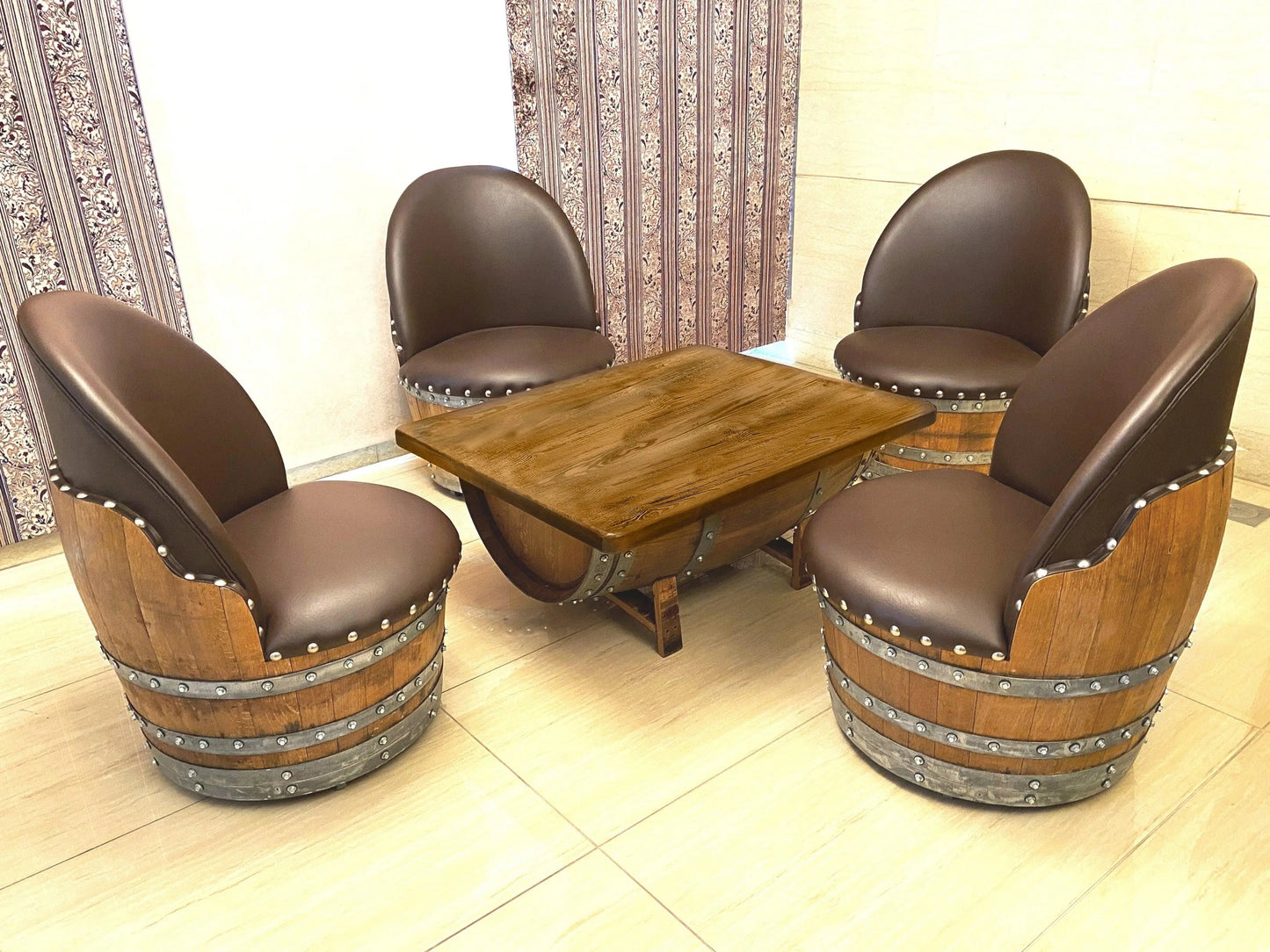 Whiskey & Wine Barrel Coffee Table — Glass Top, Hidden Storage