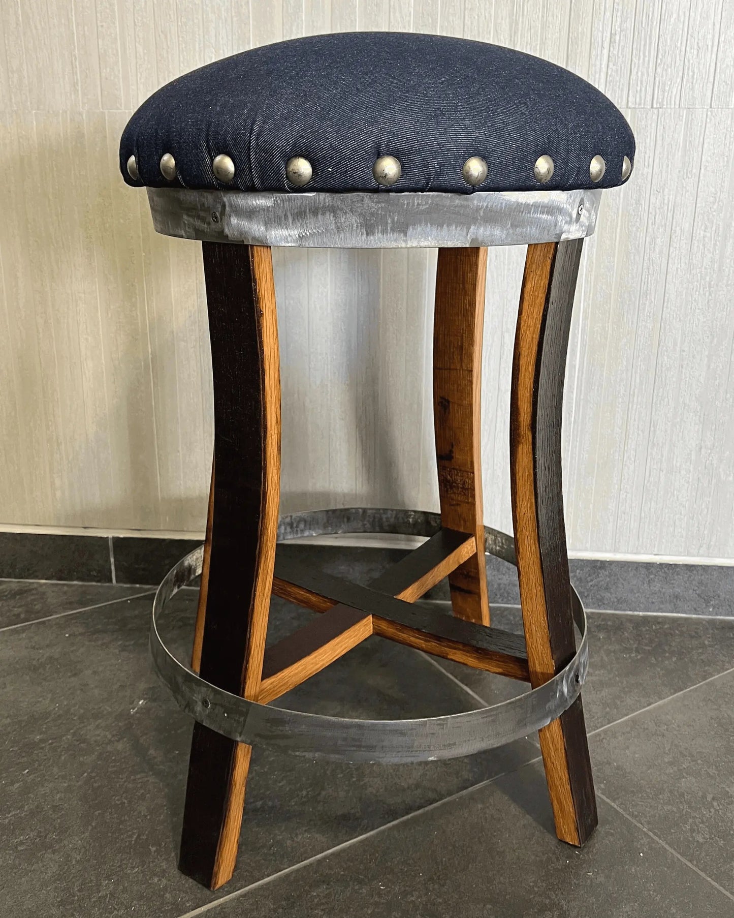Whiskey & Wine Barrel Stool — Memory Foam, Dark Navy Blue Upholstery