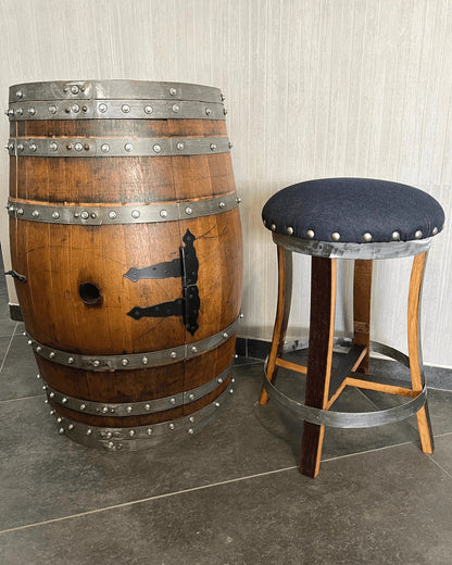 Whiskey & Wine Barrel Stool — Memory Foam, Dark Navy Blue Upholstery