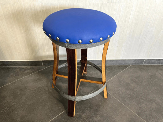 Whiskey & Wine Barrel Stool — Memory Foam, Sea Blue Upholstery (Limited)
