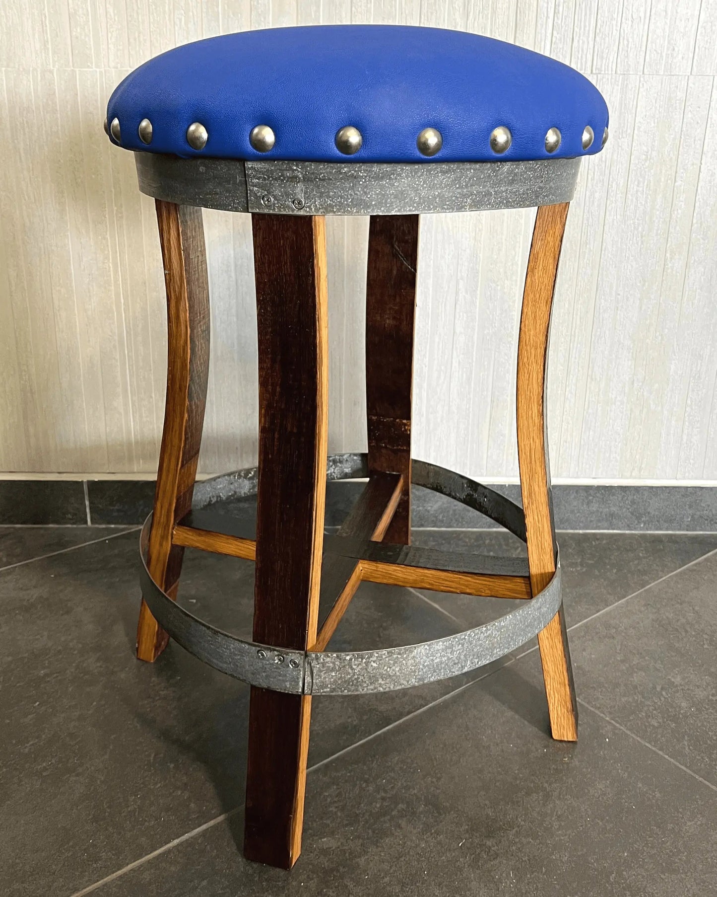 Whiskey & Wine Barrel Stool — Memory Foam, Sea Blue Upholstery (Limited)