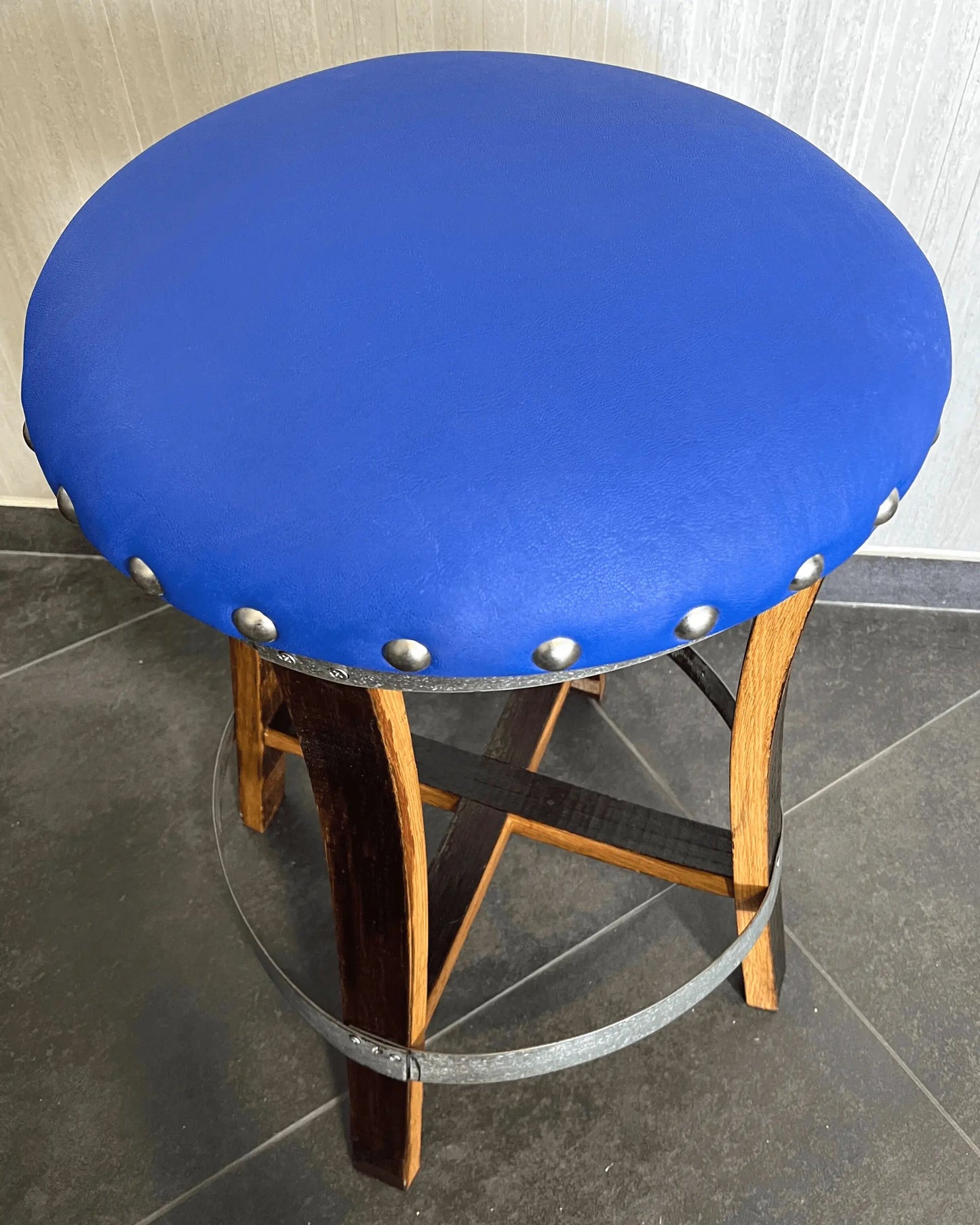 Whiskey & Wine Barrel Stool — Memory Foam, Sea Blue Upholstery (Limited)