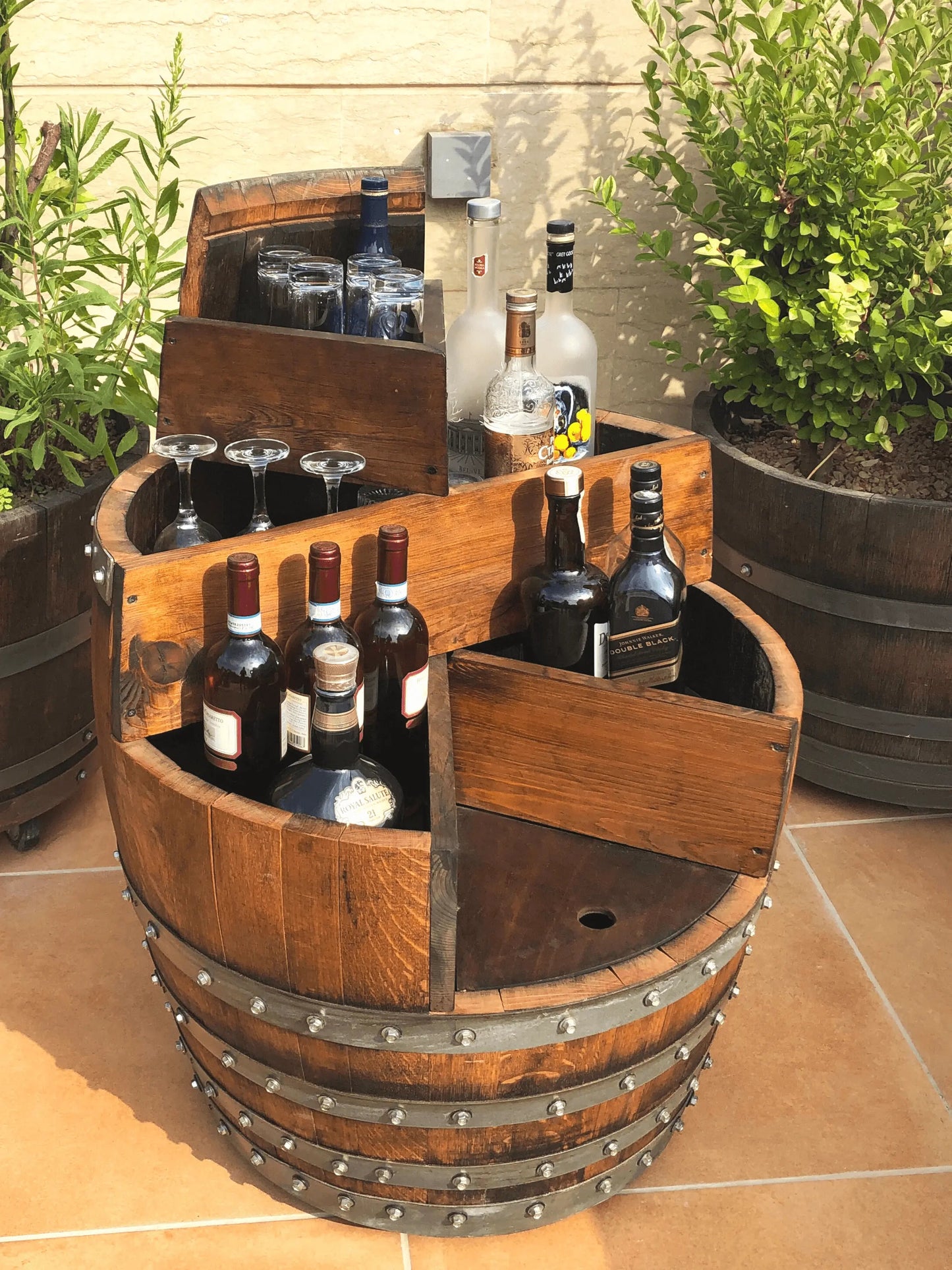 Whiskey & Wine Barrel Top Shelf Bar Cabinet — Door Shelf, Reclaimed Oak